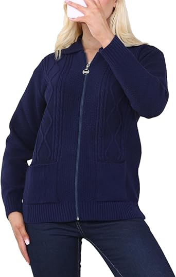Ladies Zip Cardigan Cable Knit Long Sleeve Sweater Front Pockets UK 8-22