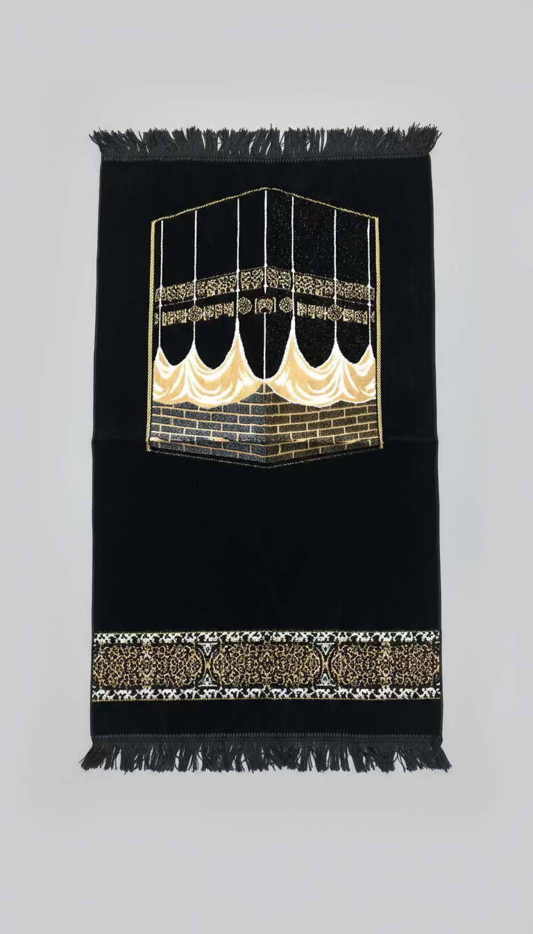 Full size black Islamic prayer mat with kaaba on front