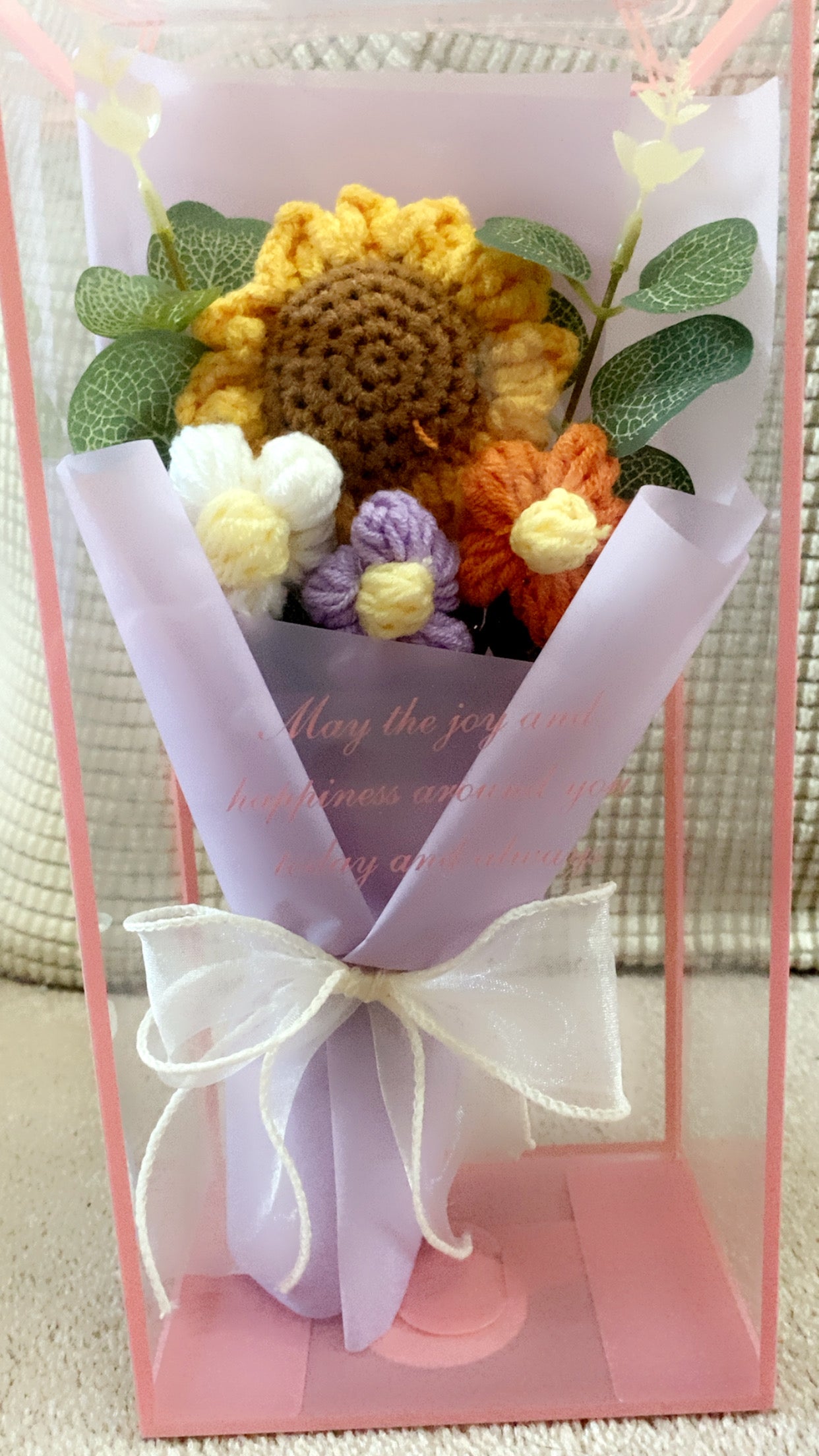 Handmade woollen crochet flower bouquet in gift box