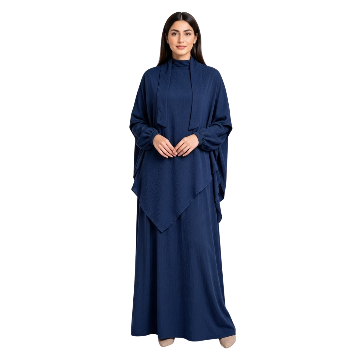 Women's Two-Piece Abaya Khimar Set – Crepe Maxi Dress with Hijab, Elastic Cuffs & Side Pockets  Perfect for Umrah & Everyday Modesty | 56" Standard Size