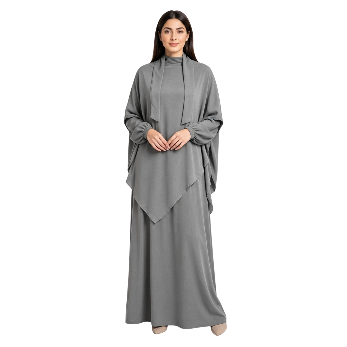 Women's Two-Piece Abaya Khimar Set – Crepe Maxi Dress with Hijab, Elastic Cuffs & Side Pockets  Perfect for Umrah & Everyday Modesty | 56" Standard Size