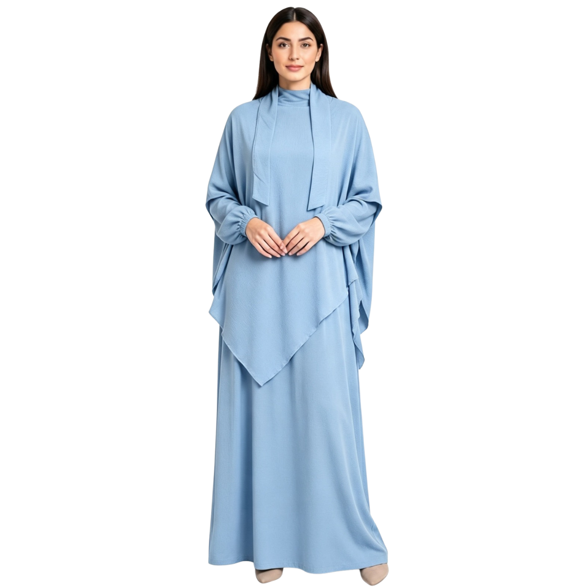 Women's Two-Piece Abaya Khimar Set – Crepe Maxi Dress with Hijab, Elastic Cuffs & Side Pockets  Perfect for Umrah & Everyday Modesty | 56" Standard Size