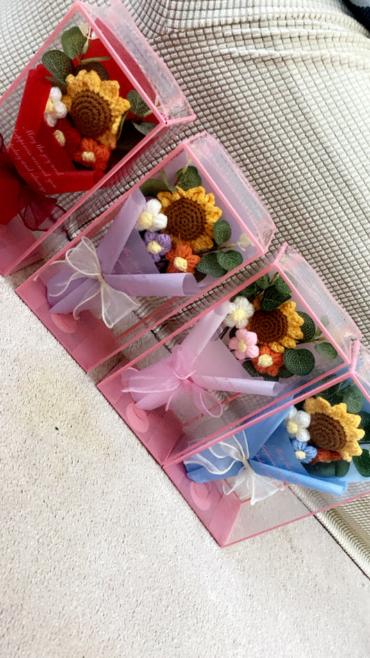 Handmade woollen crochet flower bouquet in gift box