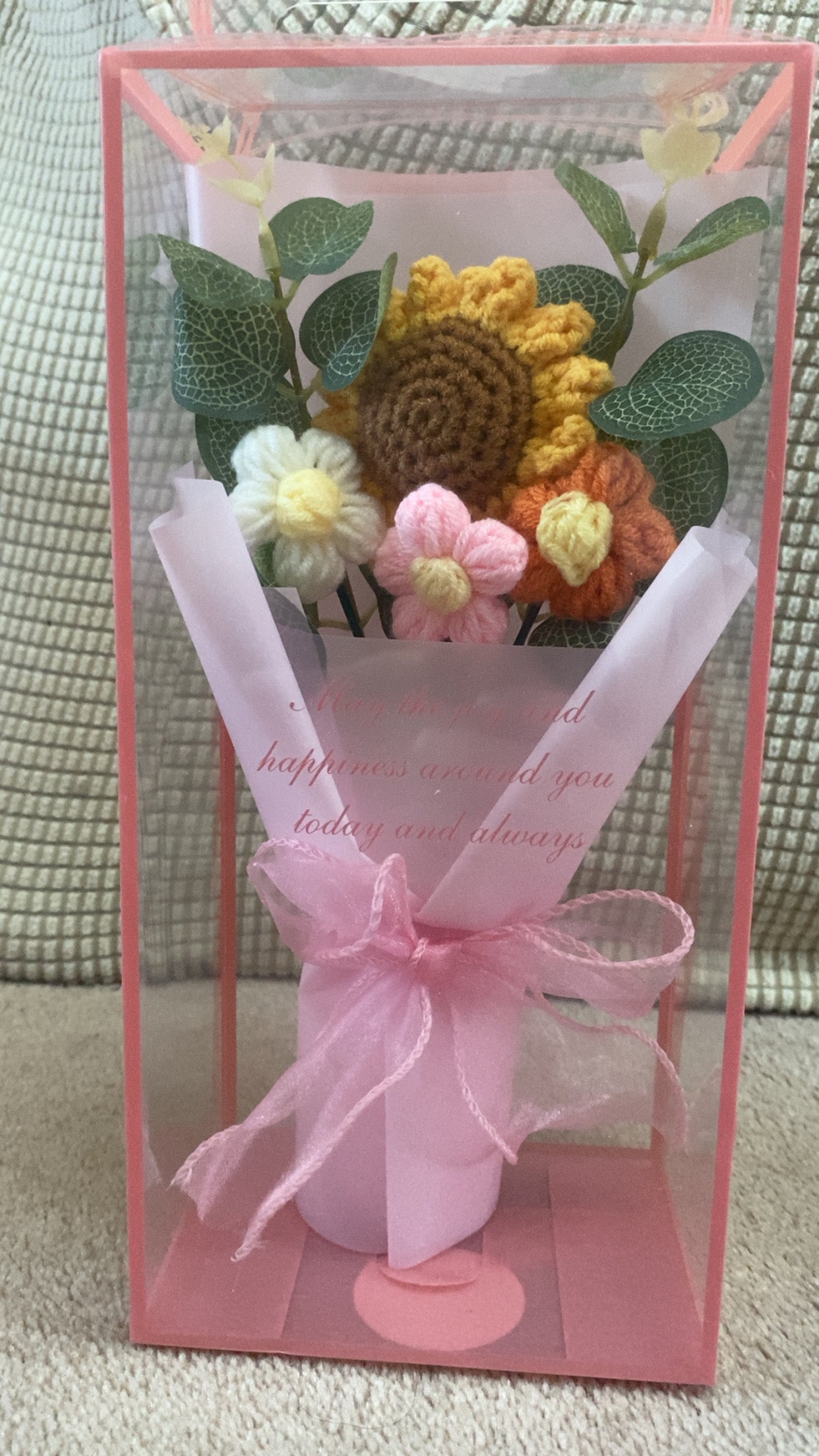 Handmade woollen crochet flower bouquet in gift box