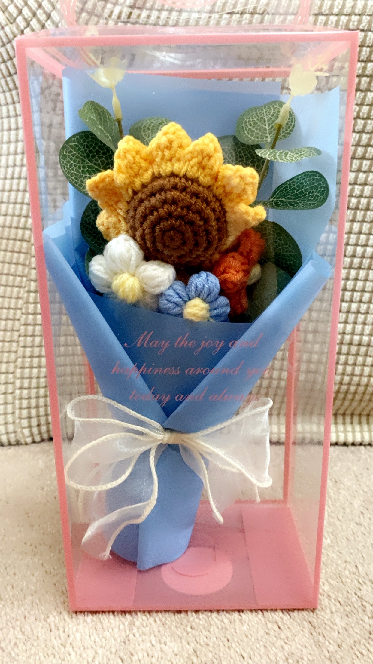 Handmade woollen crochet flower bouquet in gift box