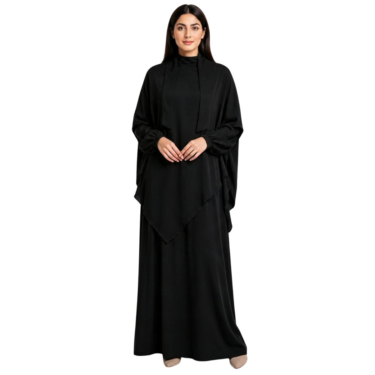 Women's Two-Piece Abaya Khimar Set – Crepe Maxi Dress with Hijab, Elastic Cuffs & Side Pockets  Perfect for Umrah & Everyday Modesty | 56" Standard Size