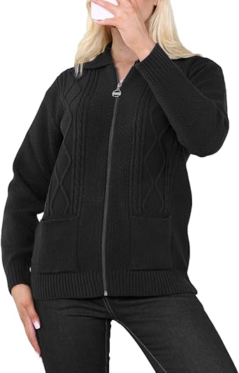 Ladies Zip Cardigan Cable Knit Long Sleeve Sweater Front Pockets UK 8-22