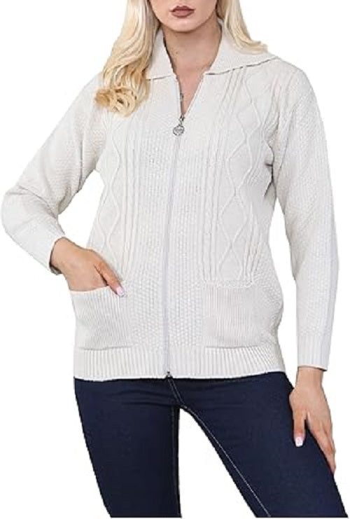 Ladies Zip Cardigan Cable Knit Long Sleeve Sweater Front Pockets UK 8-22