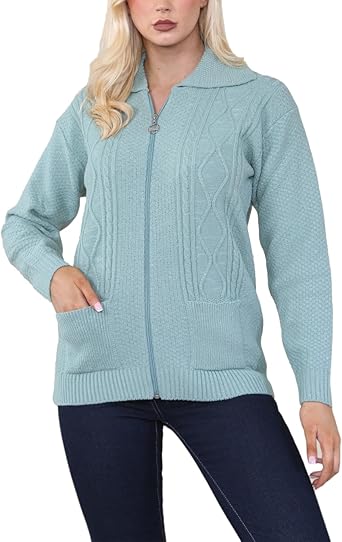 Ladies Zip Cardigan Cable Knit Long Sleeve Sweater Front Pockets UK 8-22