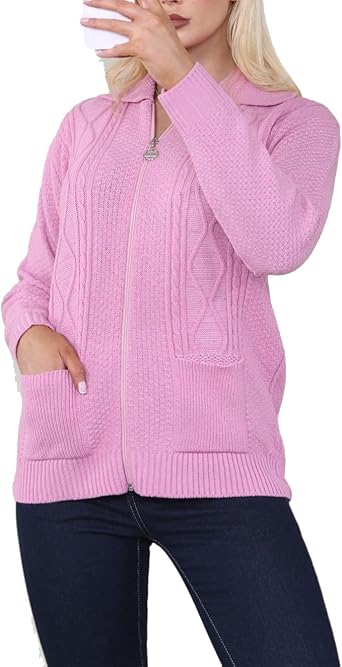Ladies Zip Cardigan Cable Knit Long Sleeve Sweater Front Pockets UK 8-22