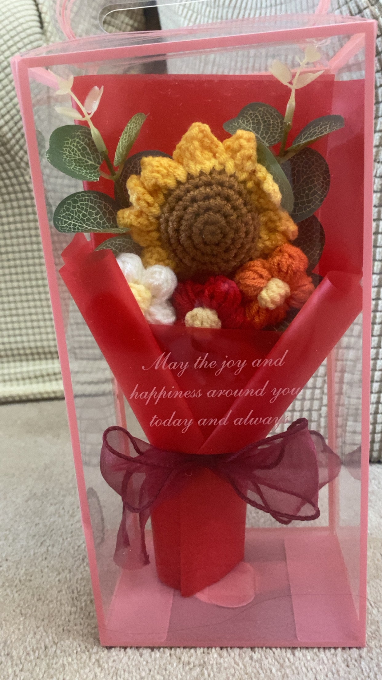Handmade woollen crochet flower bouquet in gift box