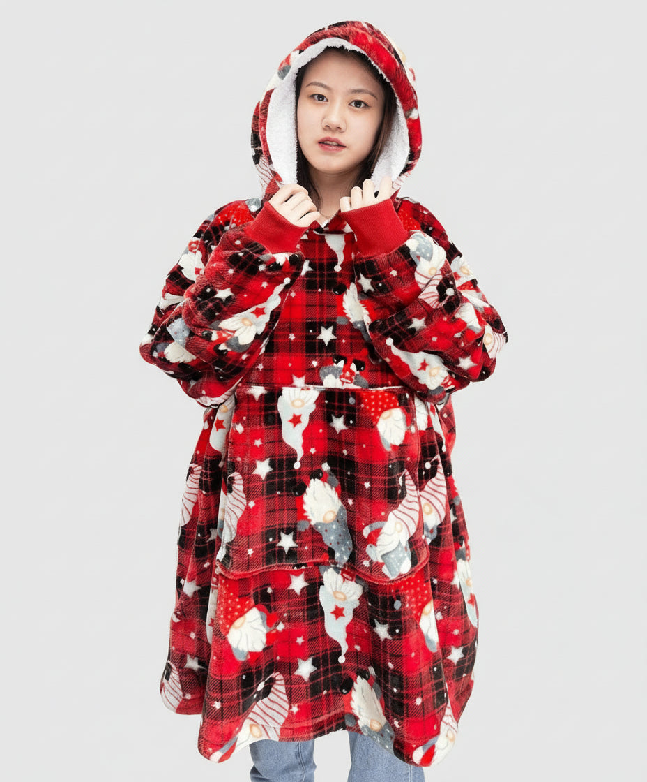 Women Oversized 91x87CM Tartan Hoodie Blanket Chunky Sherpa Plush Soft Cosy Warm