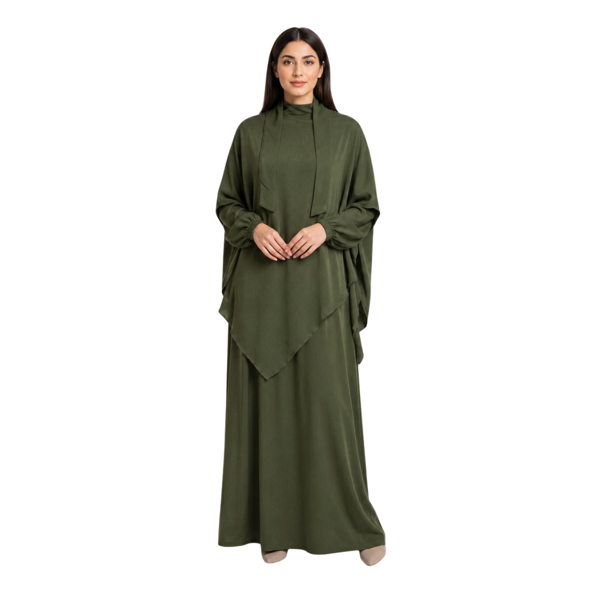 Women's Two-Piece Abaya Khimar Set – Crepe Maxi Dress with Hijab, Elastic Cuffs & Side Pockets  Perfect for Umrah & Everyday Modesty | 56" Standard Size