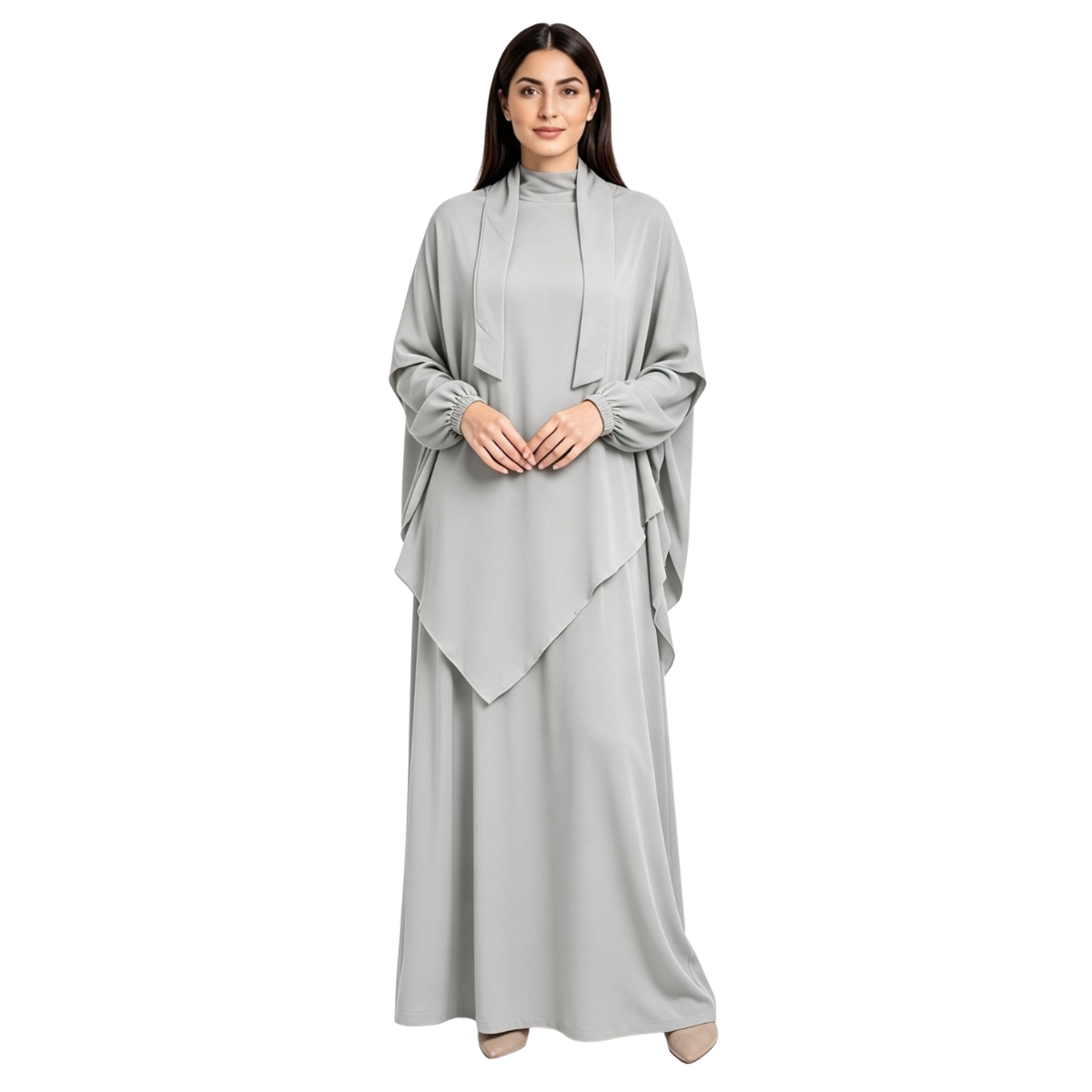 Women's Two-Piece Abaya Khimar Set – Crepe Maxi Dress with Hijab, Elastic Cuffs & Side Pockets  Perfect for Umrah & Everyday Modesty | 56" Standard Size