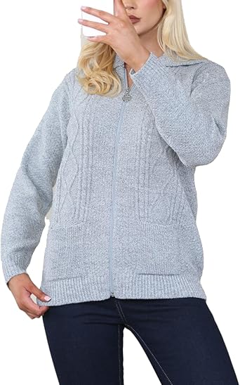 Ladies Zip Cardigan Cable Knit Long Sleeve Sweater Front Pockets UK 8-22