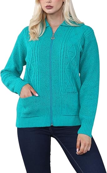 Ladies Zip Cardigan Cable Knit Long Sleeve Sweater Front Pockets UK 8-22