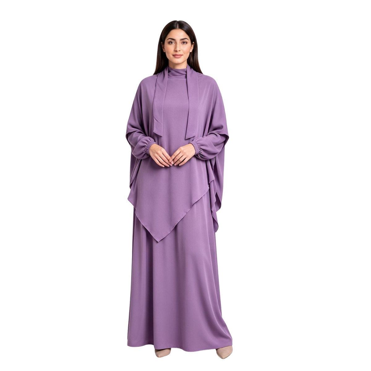Women's Two-Piece Abaya Khimar Set – Crepe Maxi Dress with Hijab, Elastic Cuffs & Side Pockets  Perfect for Umrah & Everyday Modesty | 56" Standard Size