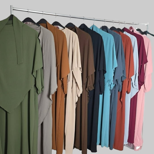 Women's Two-Piece Abaya Khimar Set – Crepe Maxi Dress with Hijab, Elastic Cuffs & Side Pockets  Perfect for Umrah & Everyday Modesty | 56" Standard Size