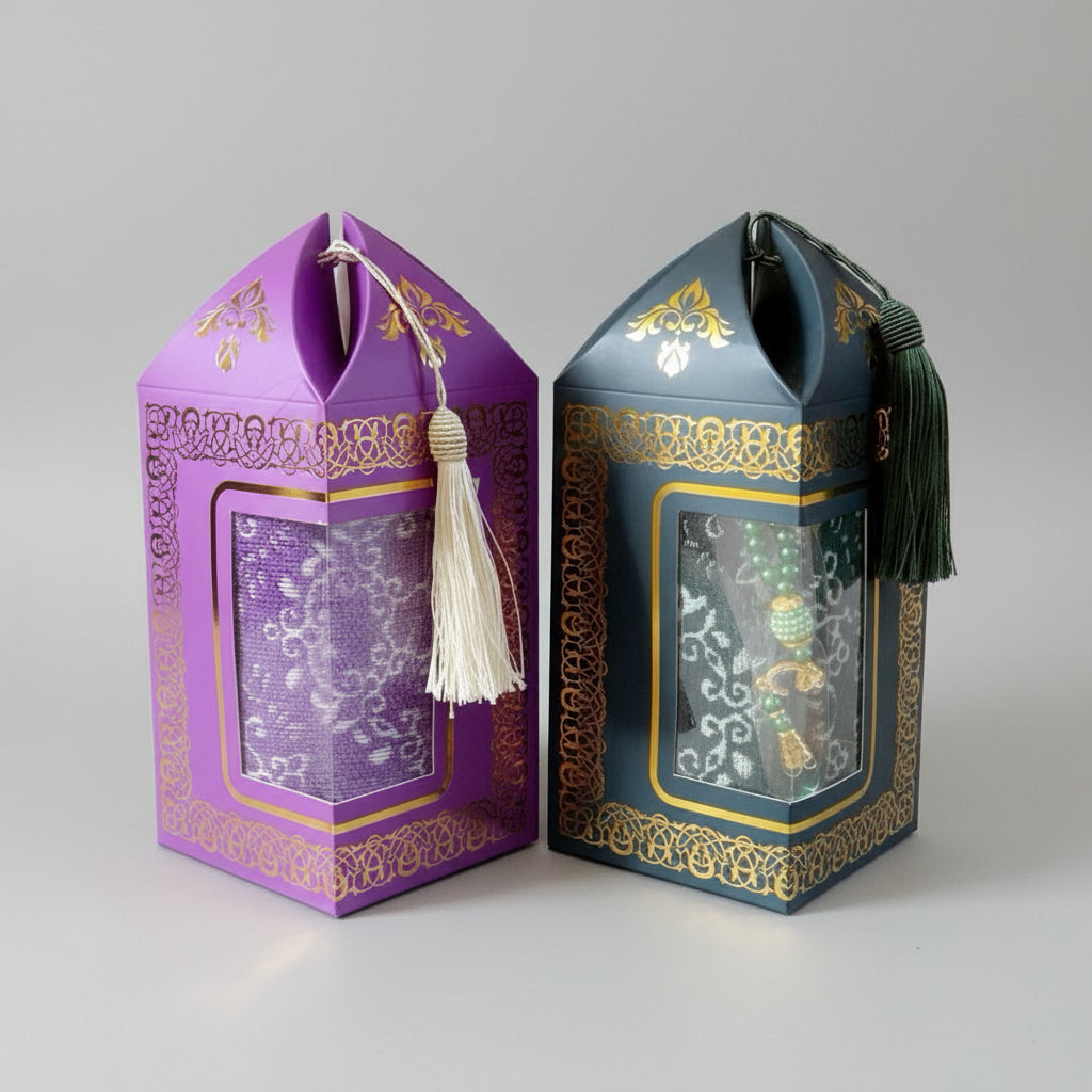 Janamaz Muslim Prayer Rug with Prayer Beads and Gift Box | Soft Islamic Prayer Mat | Sajadah in Taffeta Fabric