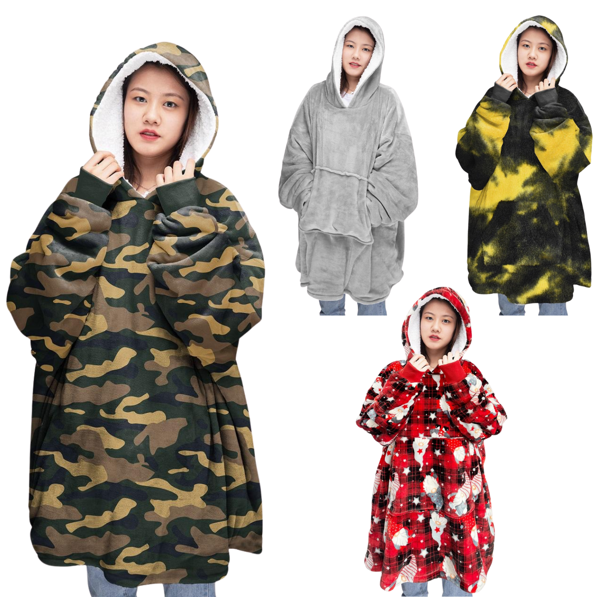 Women Oversized 91x87CM Tartan Hoodie Blanket Chunky Sherpa Plush Soft Cosy Warm