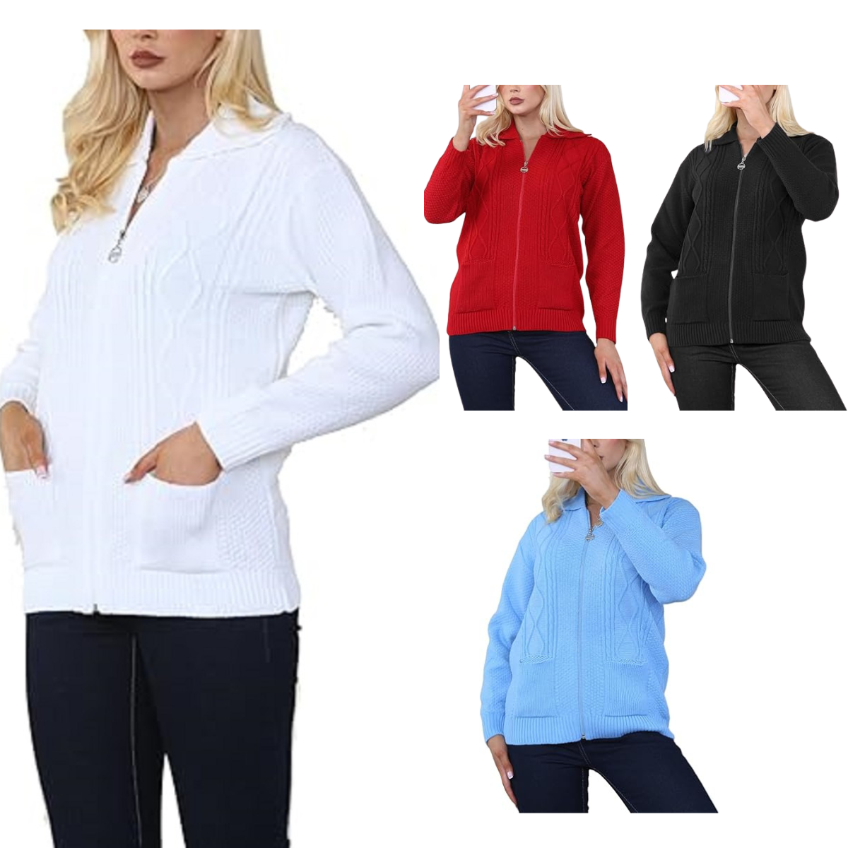 Ladies Zip Cardigan Cable Knit Long Sleeve Sweater Front Pockets UK 8-22