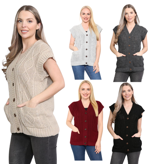 Ladies Sleeveless Knitted Cable Button Grandad Cardigan Waistcoat Vest