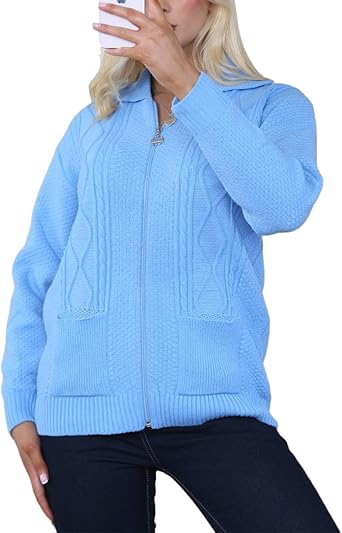 Ladies Zip Cardigan Cable Knit Long Sleeve Sweater Front Pockets UK 8-22