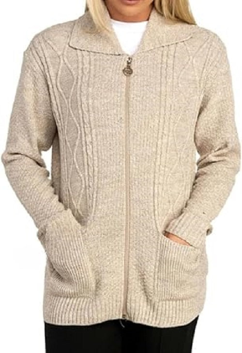 Ladies Zip Cardigan Cable Knit Long Sleeve Sweater Front Pockets UK 8-22