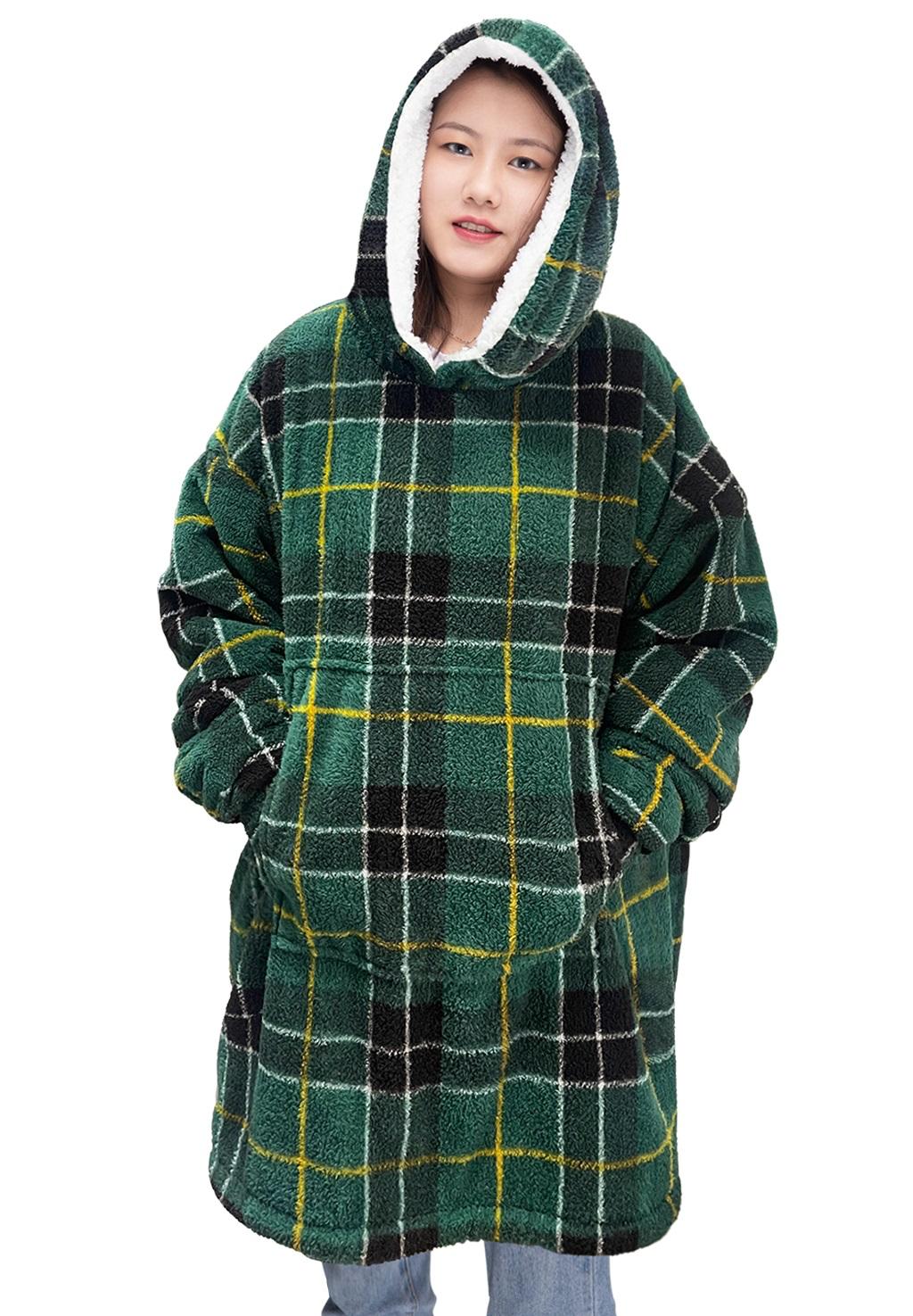 Women Oversized 91x87CM Tartan Hoodie Blanket Chunky Sherpa Plush Soft Cosy Warm