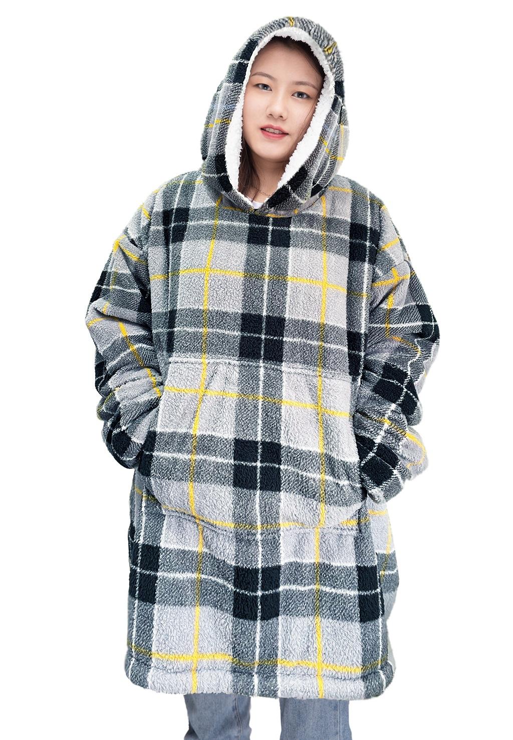 Women Oversized 91x87CM Tartan Hoodie Blanket Chunky Sherpa Plush Soft Cosy Warm