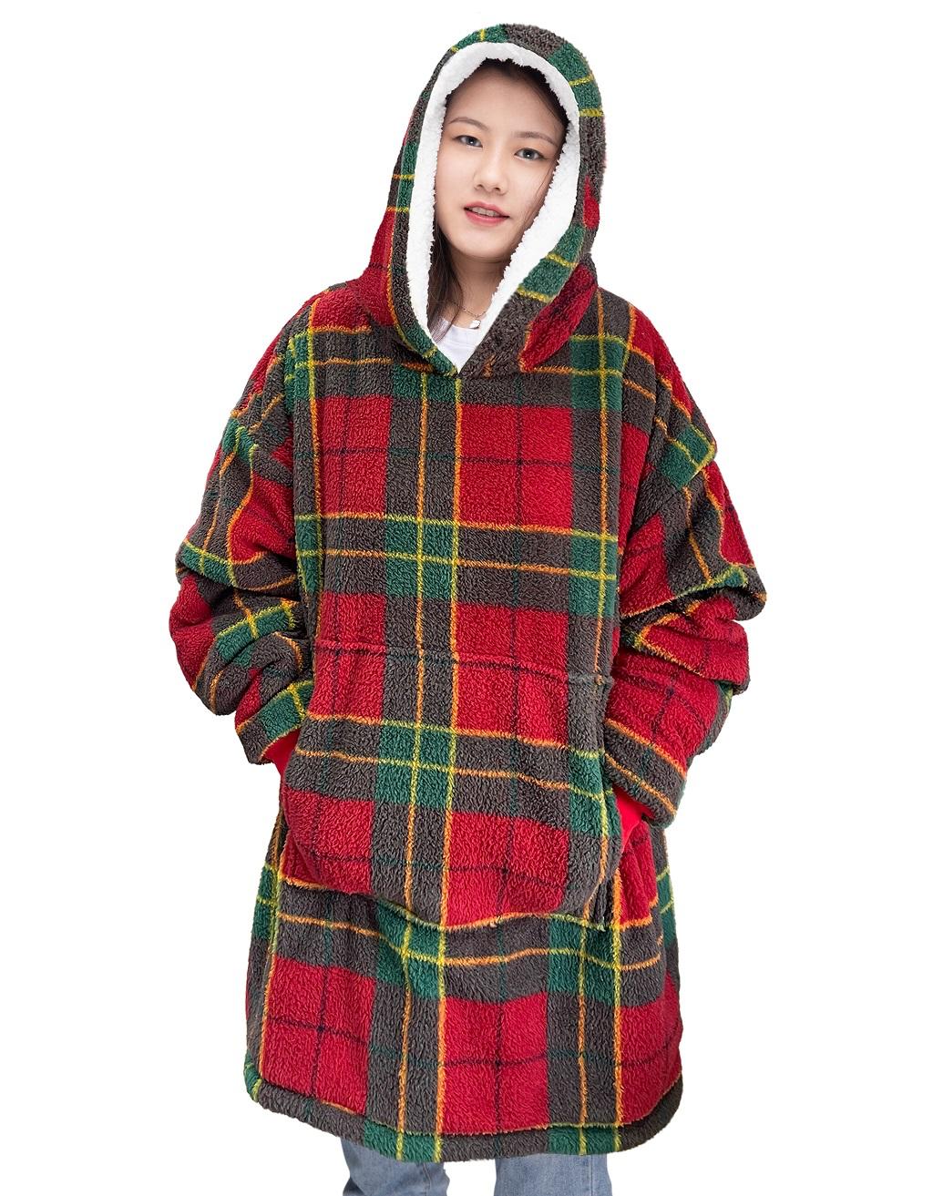 Women Oversized 91x87CM Tartan Hoodie Blanket Chunky Sherpa Plush Soft Cosy Warm