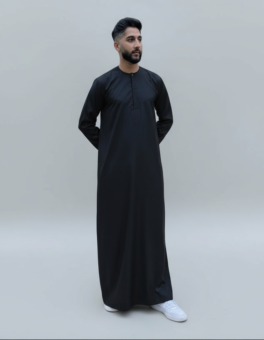 Men's Elegant Black Thobe Jubba - Islamic Abaya Dishdasha Kaftan - Multiple Size