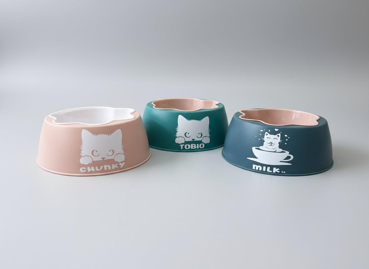 Personalised Pet Bowls Set of 3 Feeding Bowls with Name and Matching Sticker Custom Cat and Dog Bowl, Non-Slip, Food & Water Dish