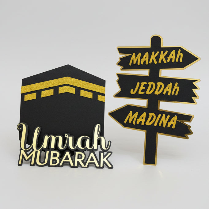 Personalized Umrah Mubarak Cake Topper Set | Black & Gold | Premium Cardstock