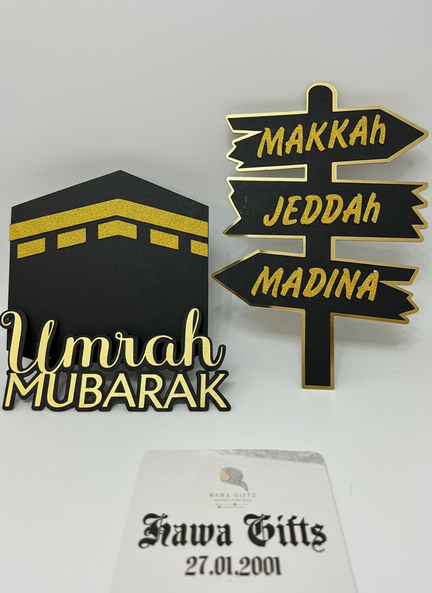 Personalized Umrah Mubarak Cake Topper Set | Black & Gold | Premium Cardstock