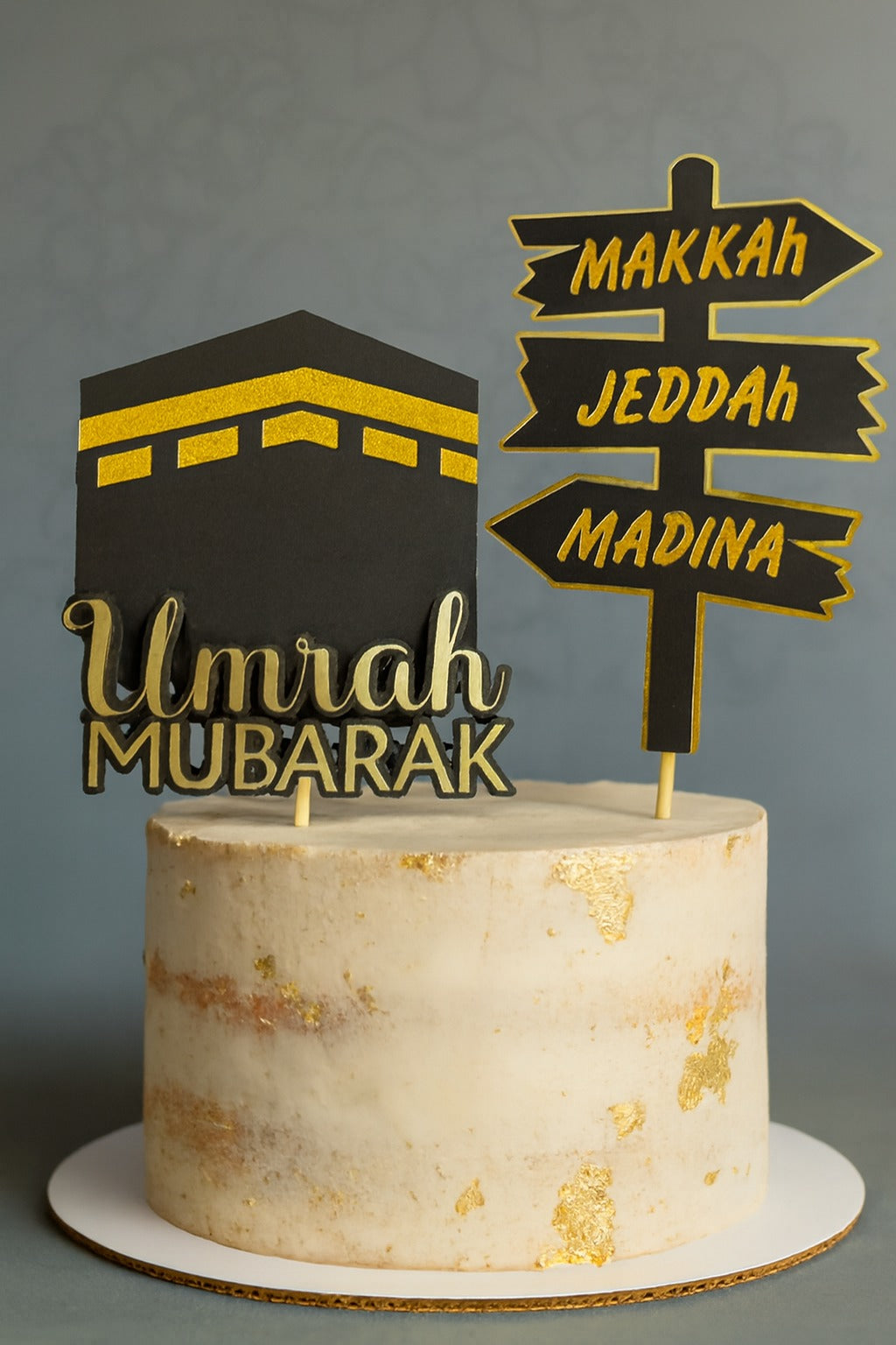 Personalized Umrah Mubarak Cake Topper Set | Black & Gold | Premium Cardstock