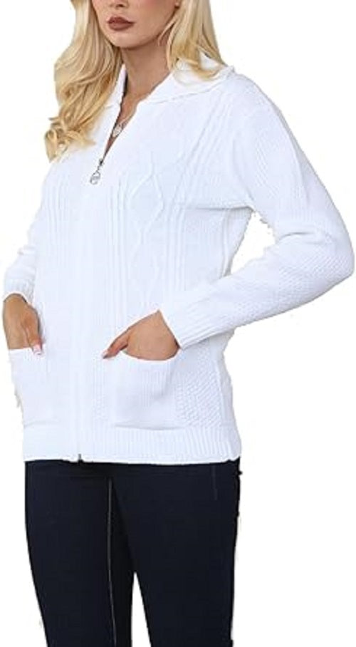 Ladies Zip Cardigan Cable Knit Long Sleeve Sweater Front Pockets UK 8-22