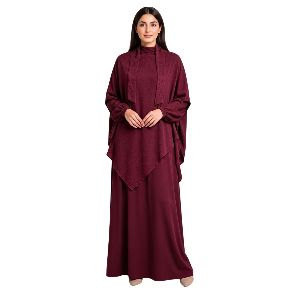 Women's Two-Piece Abaya Khimar Set – Crepe Maxi Dress with Hijab, Elastic Cuffs & Side Pockets  Perfect for Umrah & Everyday Modesty | 56" Standard Size