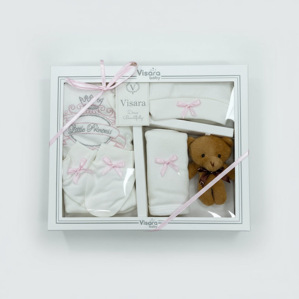 Luxury Newborn Baby Gift Set | 3-6 Months Baby Grow & Celebration Gift | Unisex White, Pink & Blue | Includes Mittens & Adorable Teddy