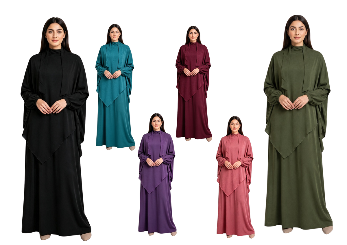 Women's Two-Piece Abaya Khimar Set – Crepe Maxi Dress with Hijab, Elastic Cuffs & Side Pockets  Perfect for Umrah & Everyday Modesty | 56" Standard Size